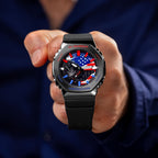 Casio G-Shock Full Metal USA — presented in hand to show the bold flag artwork across its dial, a custom design by IFL Watches