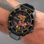 Custom Seiko 5 Sports 55th Anniversary Bruce Lee Limited Edition watch featuring hand-painted dragon design by IFL Watches, bespoke timepiece with black leather strap.