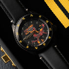 Custom Seiko 5 Sports 55th Anniversary Bruce Lee Limited Edition watch featuring hand-painted dragon design by IFL Watches, bespoke timepiece with black leather and yellow nylon straps.