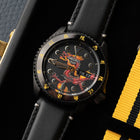 Custom Seiko 5 Sports 55th Anniversary Bruce Lee Limited Edition watch featuring hand-painted dragon design by IFL Watches, bespoke timepiece with black leather and yellow nylon straps.