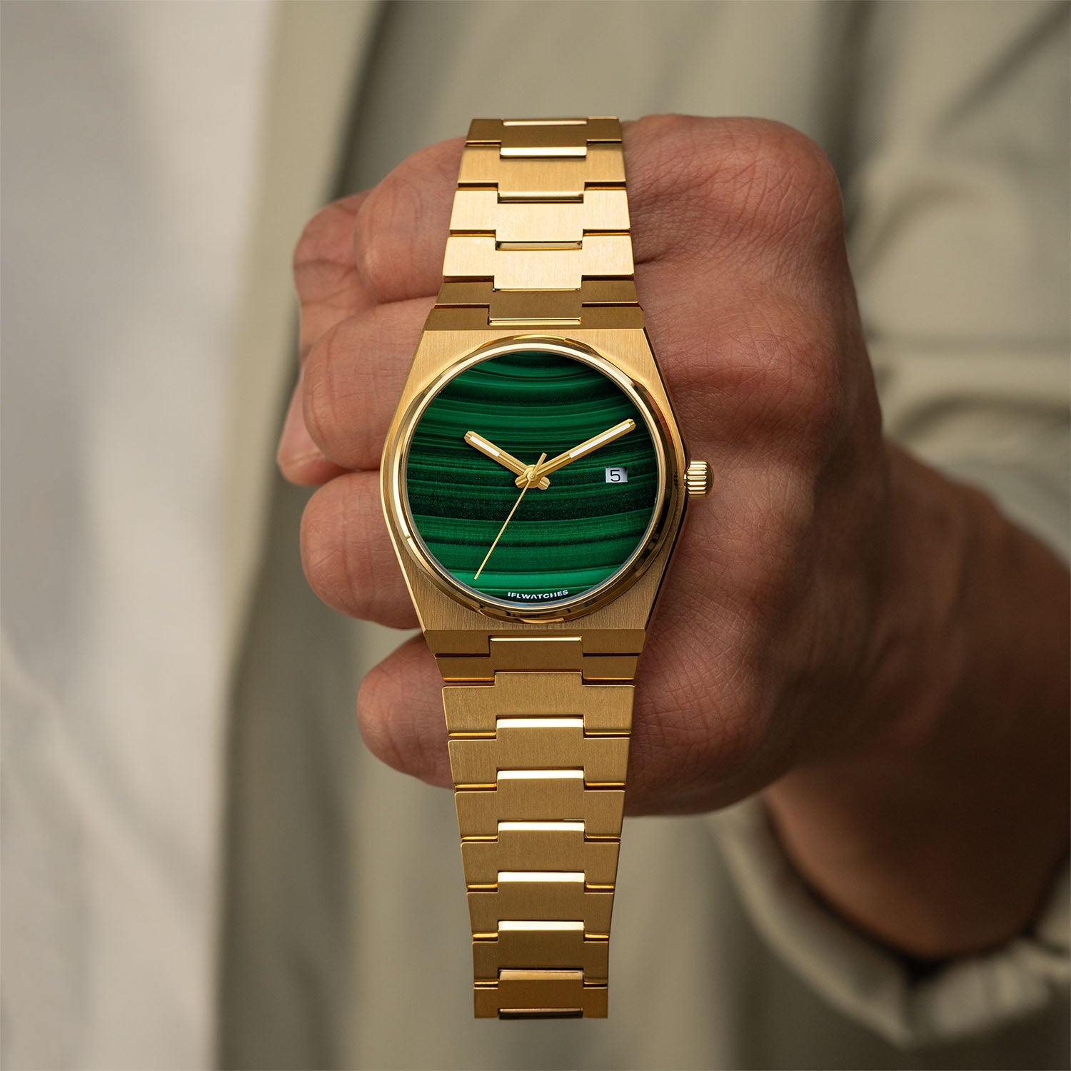 Malachite Gold Concept – Custom natural malachite stone dial on gold-tone stainless steel watch, bespoke timepiece by IFL Watches