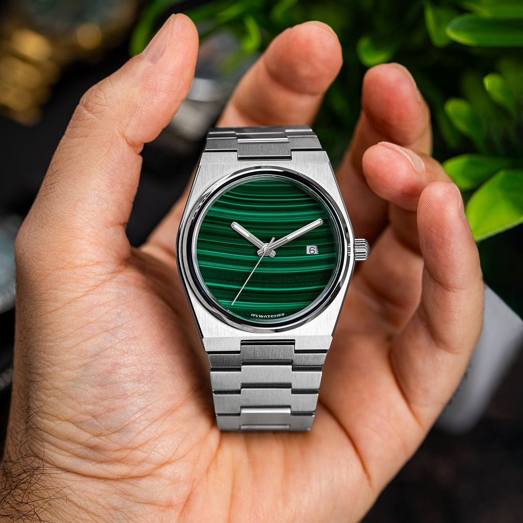 Malachite Steel Concept – Custom natural malachite stone dial on stainless steel watch, bespoke timepiece by IFL Watches
