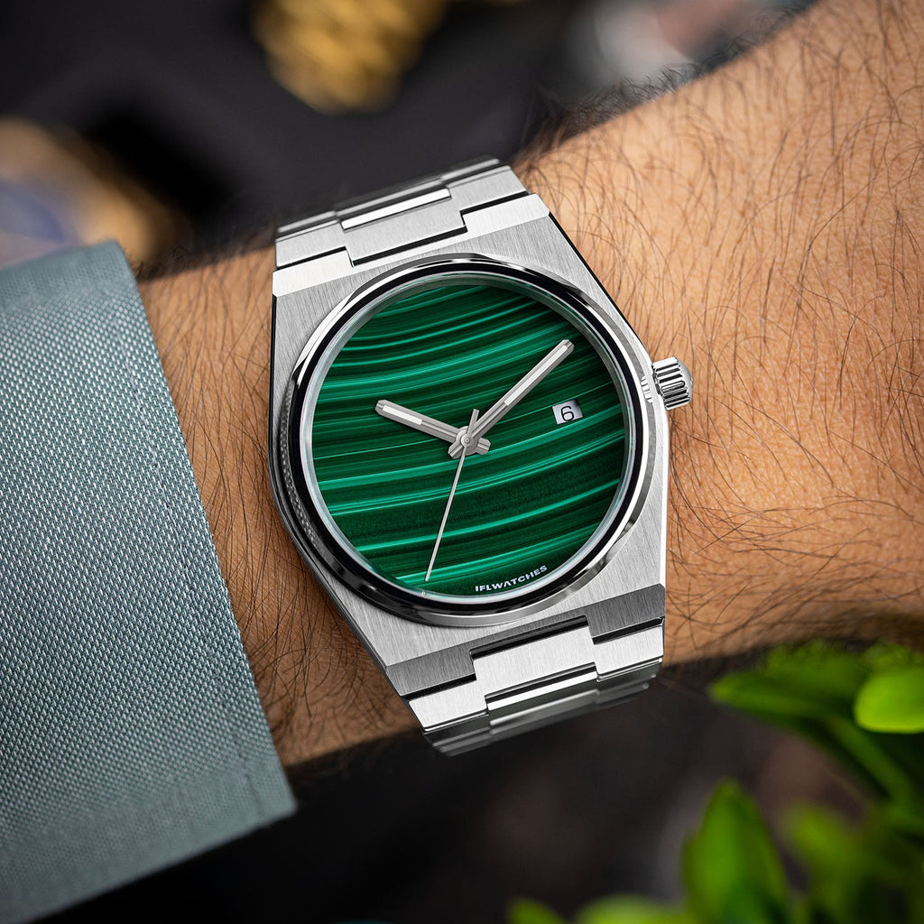 Malachite Steel Concept – Custom natural malachite stone dial on stainless steel watch, bespoke timepiece by IFL Watches