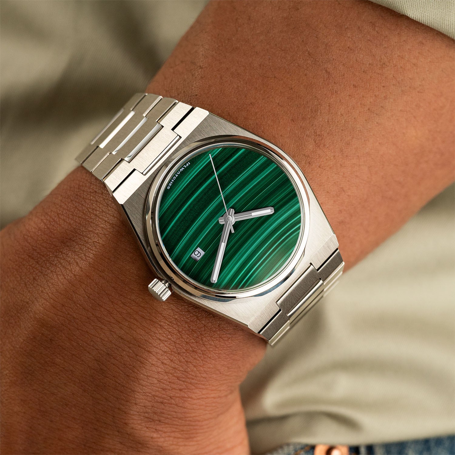 Malachite Steel Concept – Custom natural malachite stone dial on stainless steel watch, bespoke timepiece by IFL Watches