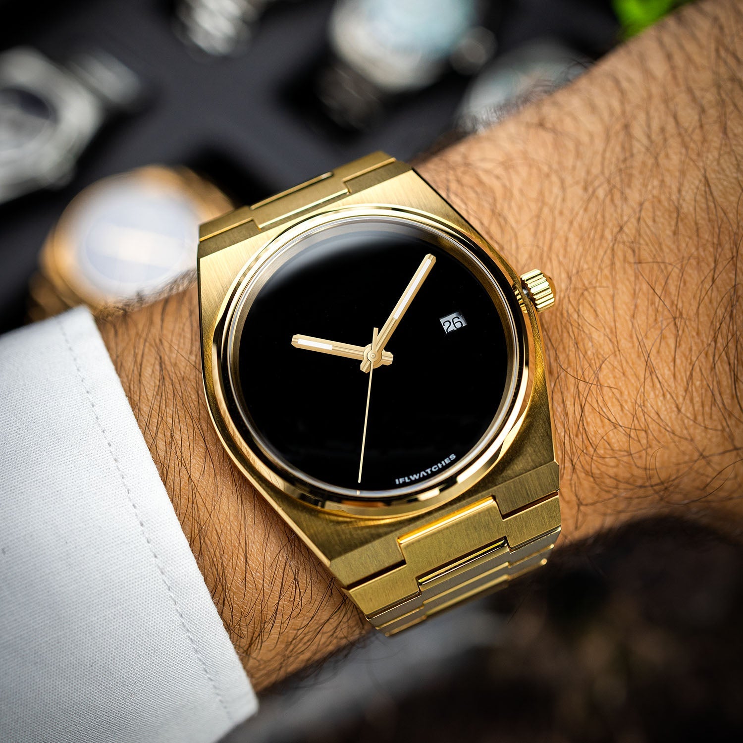 Onyx Gold Concept – Custom natural black onyx stone dial on gold-tone stainless steel watch, custom timepiece by IFL Watches