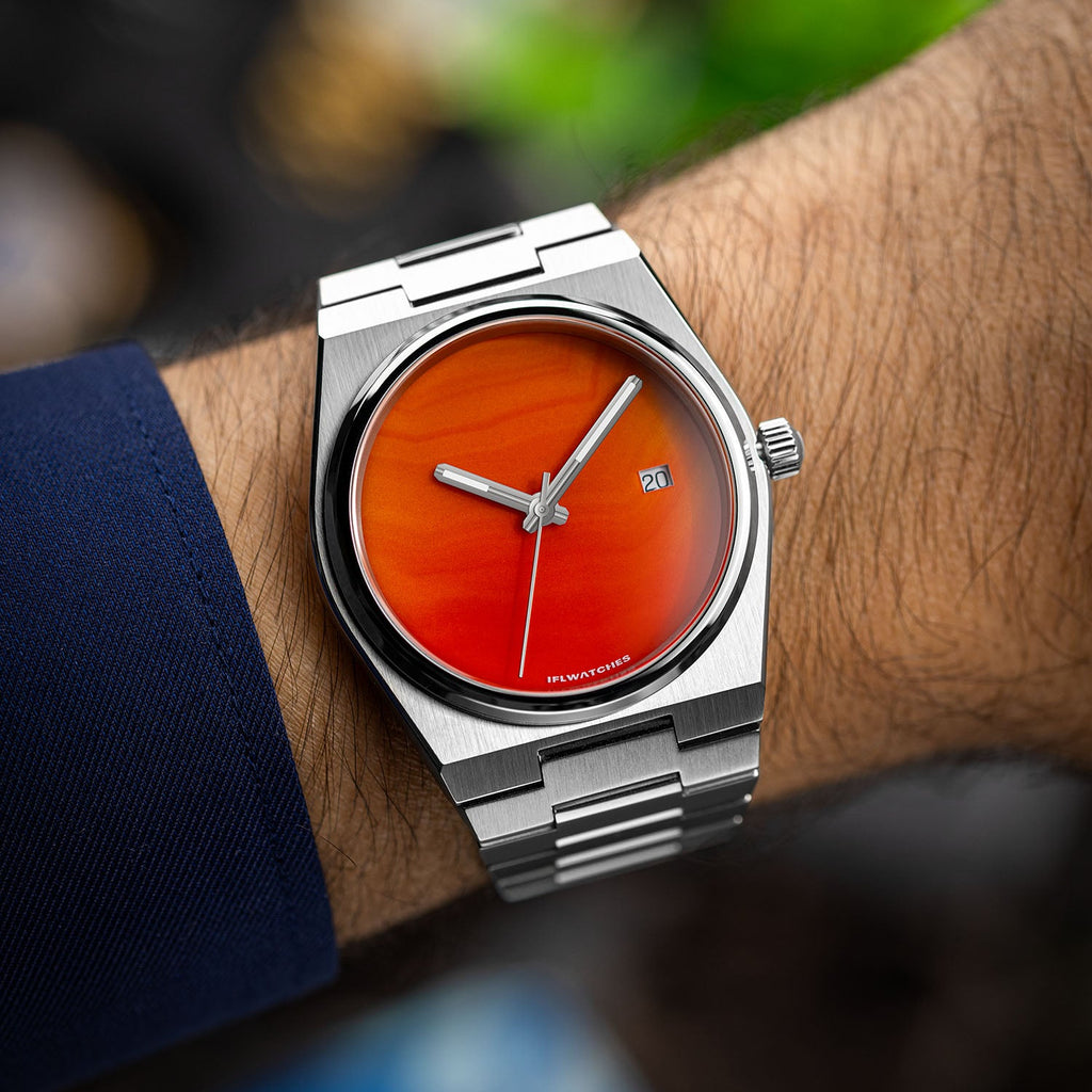 Red Agate Steel Concept – Custom natural red agate stone dial on stainless steel watch, bespoke timepiece by IFL Watches