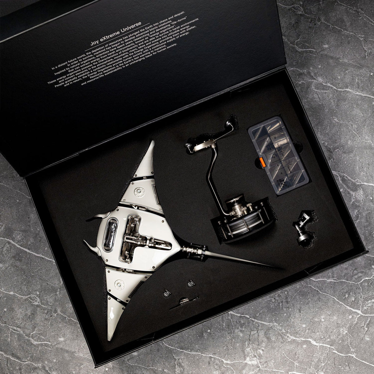 Mecha Ray White — the pre-assembled version in its presentation case with stand column and parts tray, motorised metal sculpture by IFL Watches.