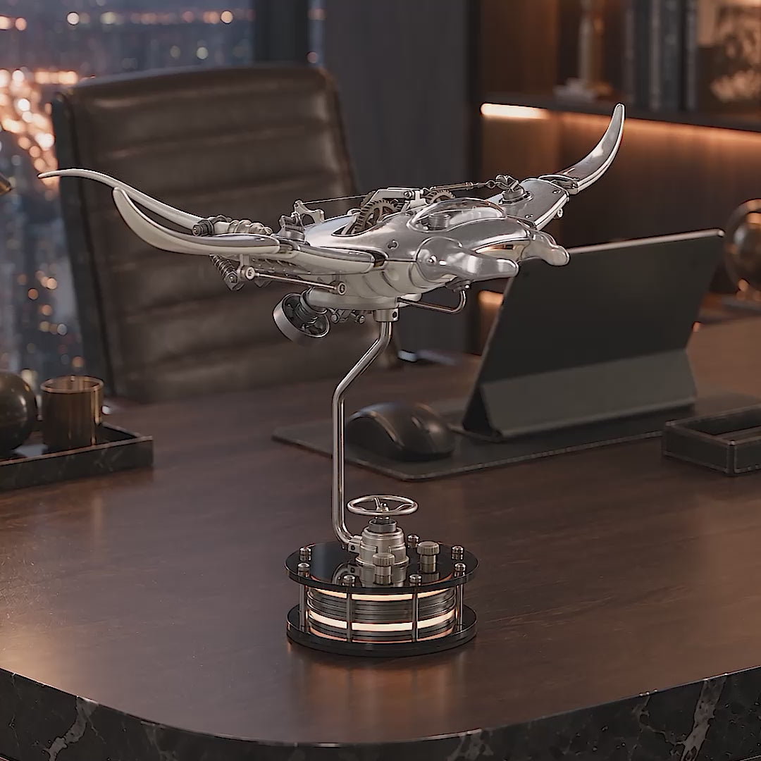 Mecha Ray Natural Metal — the bare-metal manta in motion on an executive desk against a night city view, with close-ups of the exposed gears, wing louvres and sprung linkage, mechanical sculpture by IFL Watches.
